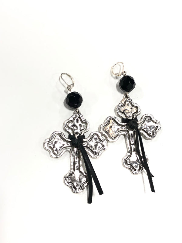 Black Onyx Leather Cross Tassel  Earrings