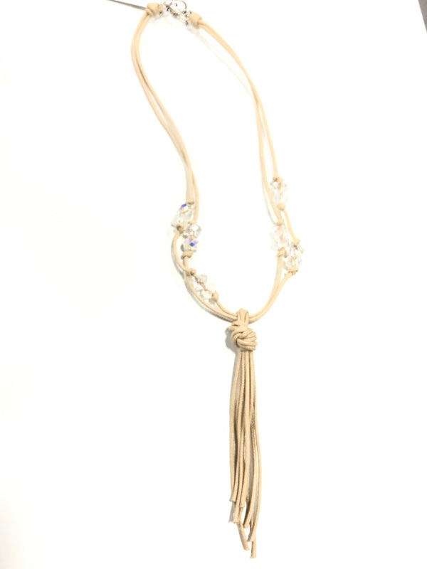 Beige Tassel necklace with crystal accents